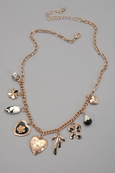 Charm Necklace Heart Bow Pearl Flower