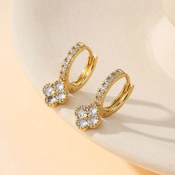 Dainty Clover Crystal Huggie Hoop Earrings