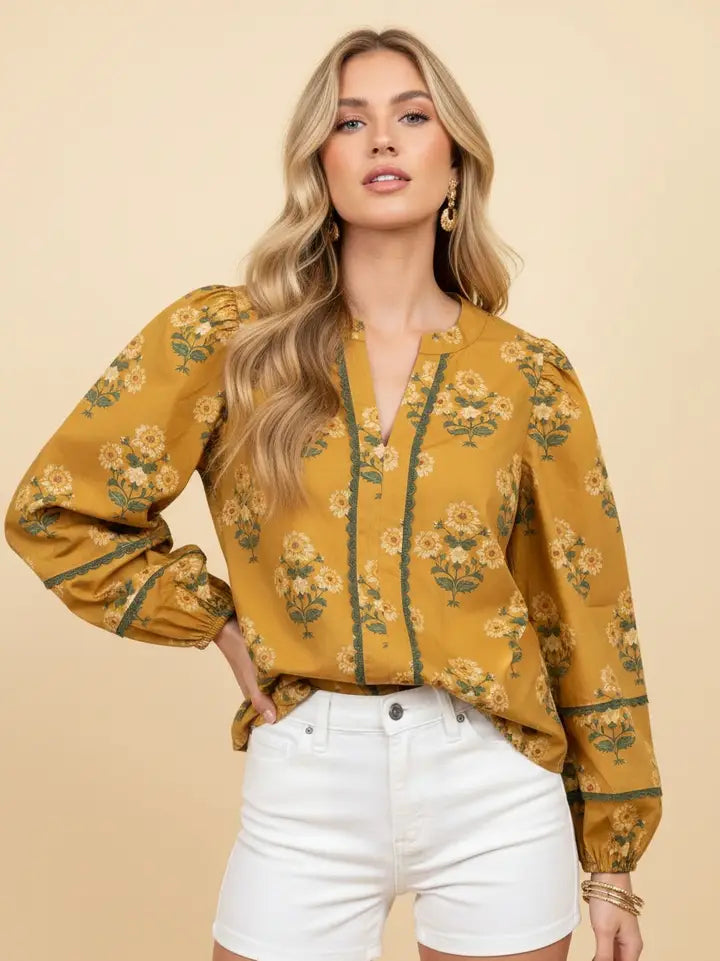 Floral Print Lace Trim Blouse