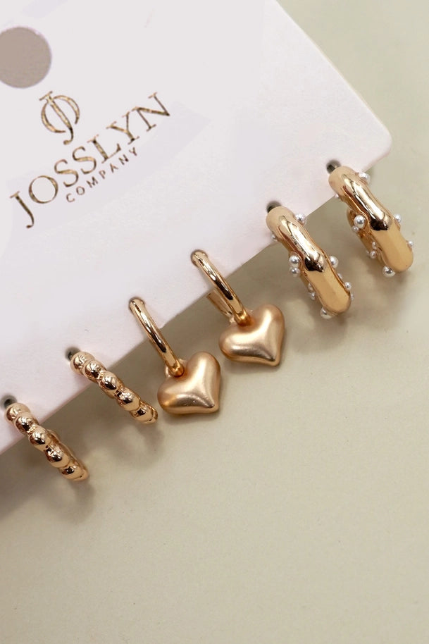 Heart Drop Pearl Studed Hoop Trio Earrings